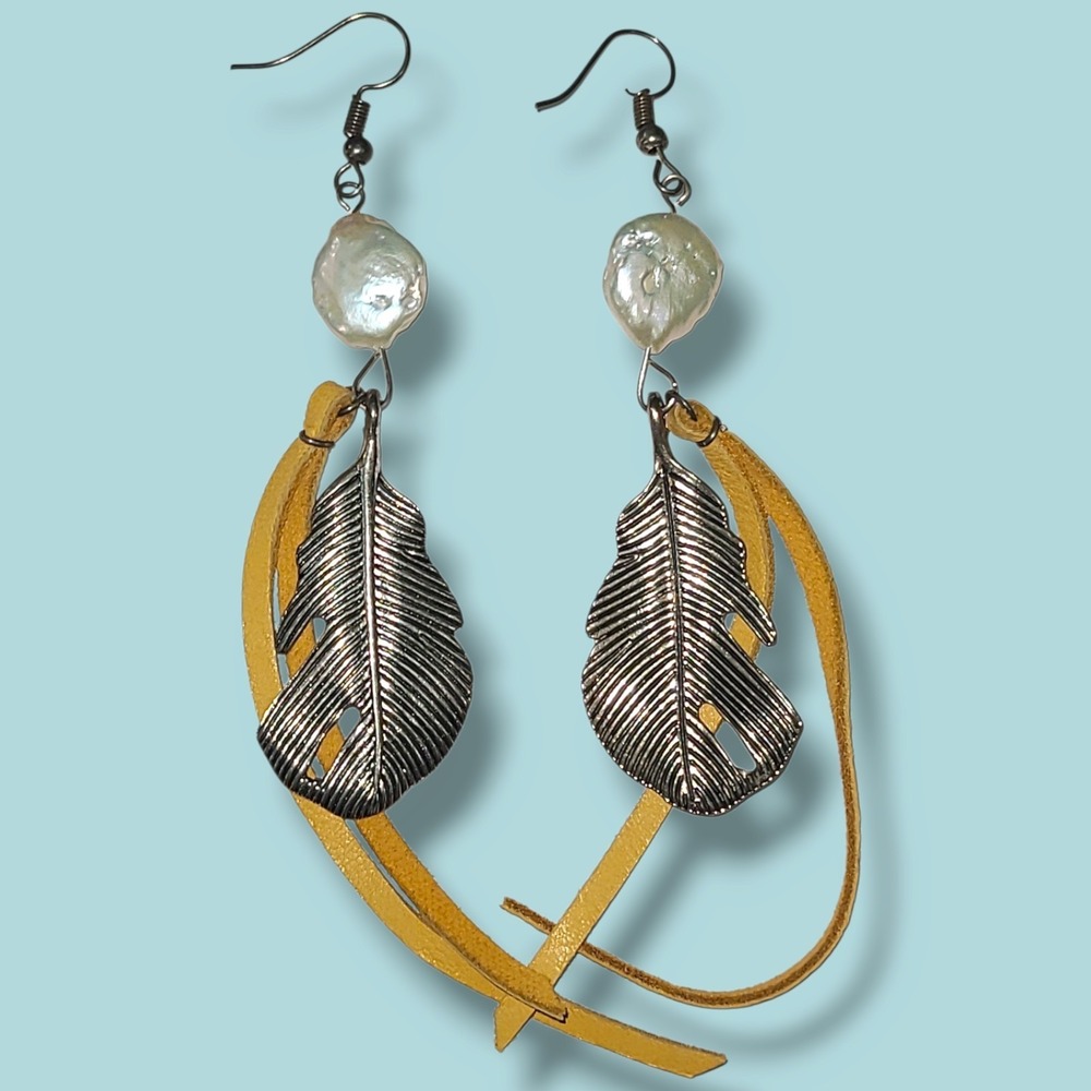 Handmade Baroque Pearl Silver Tone Feather & Leather Boho Dangle Earrings 5"